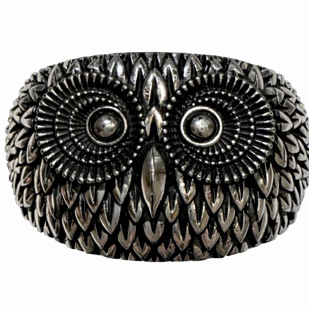 Silver Hoot Owl Bird Hinged Wide Cuff Bracelet Jewelry